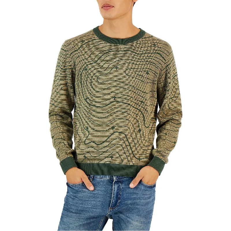 CRWTH Mens Cotton Knit Crewneck Sweater Mesh Blend Leather Blend Suede Blend