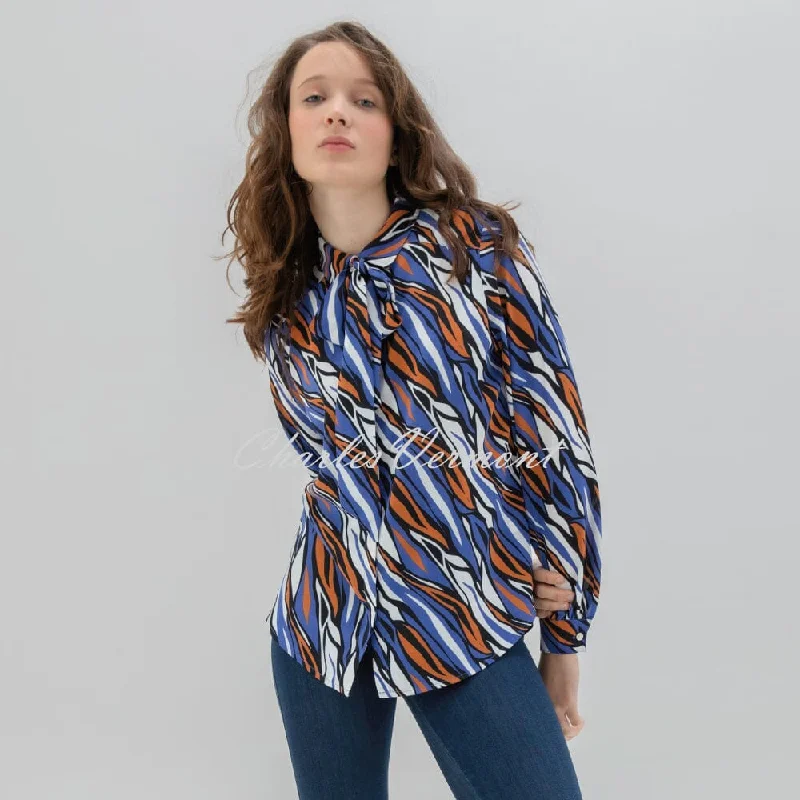 Marble Blouse With Bow Detail - Style 7690-225 (Indigo / Rust / Multi) Double Button Blouse