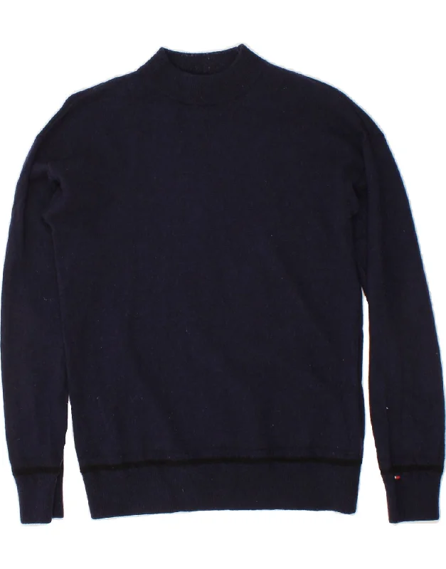 TOMMY HILFIGER Mens Turtle Neck Jumper Sweater Small Navy Blue Wool Faux Fur Fabric Real Fur Fabric Shearling Fabric