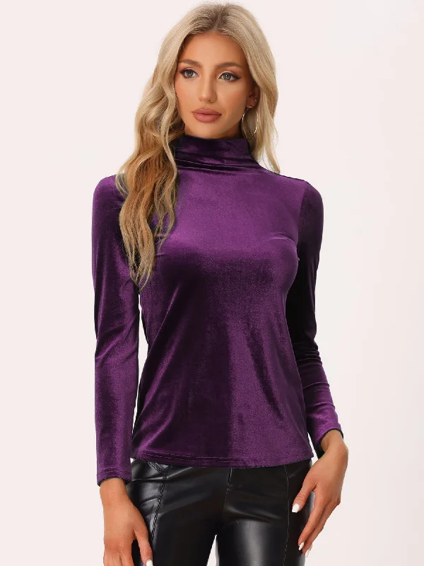 Turtleneck Velvet Top Long Sleeve Work Shirt Basic Velour Blouse Soft Pastel Blouse
