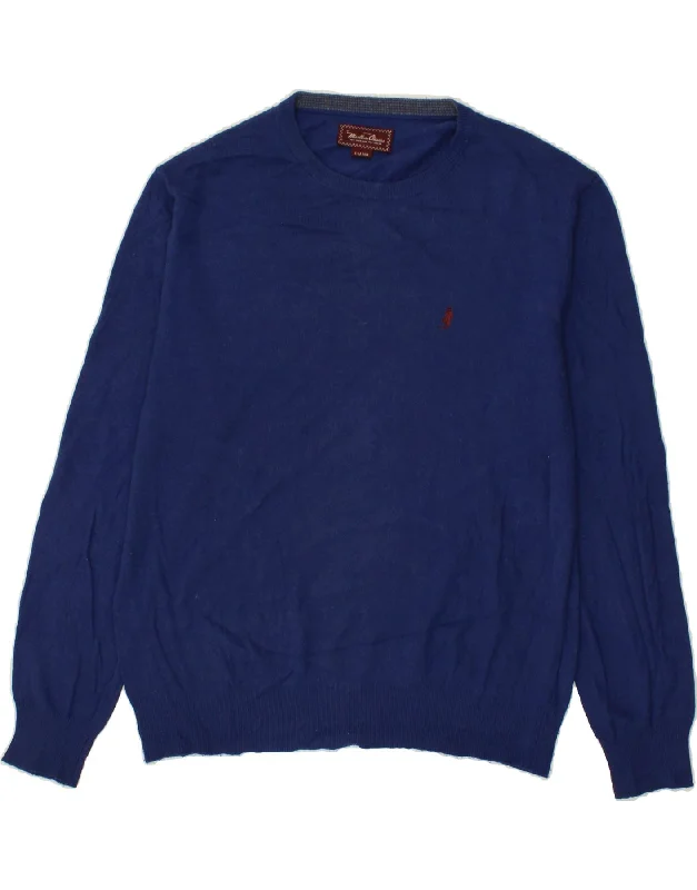 MARLBORO CLASSICS Mens Crew Neck Jumper Sweater XL Navy Blue Cotton Mesh Sweater Canvas Denim