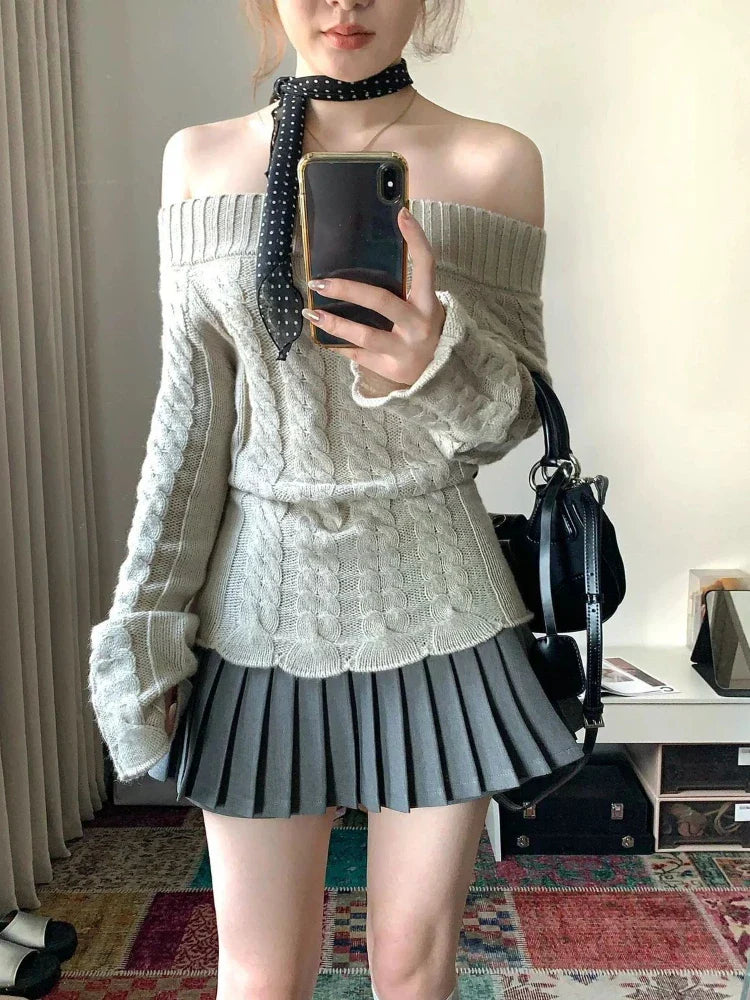 Wjczt Korean Style Sexy Off Shoulder Sweater Women Sweet Elegant Long Sleeve Knitted Pullover Cute Fashion Slim Up Sweaters Houndstooth Herringbone Solid