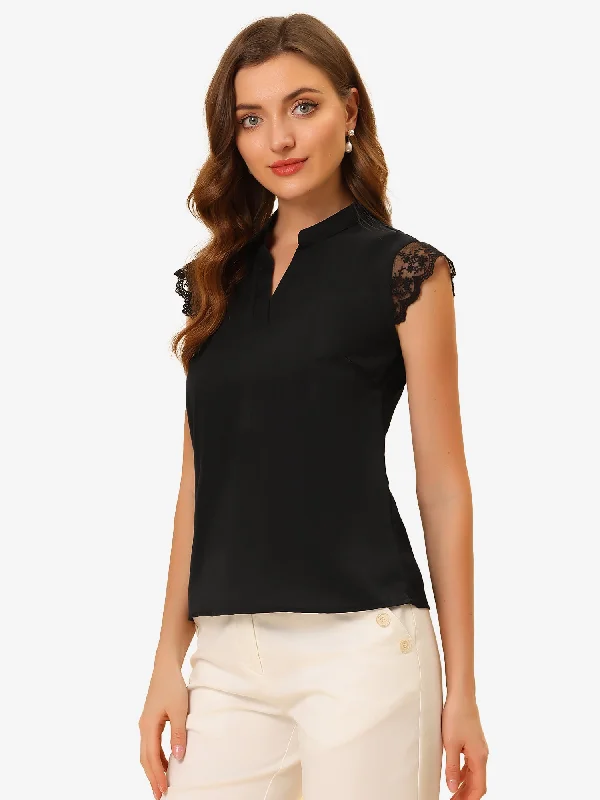 Work Top Office Lace Cap Sleeve Basic Shirt Blouse Embroidered Floral Blouse