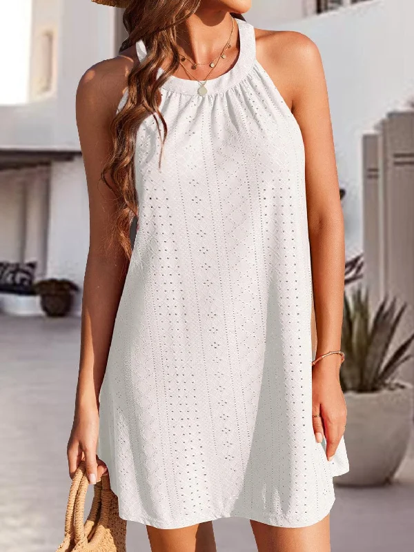 Eyelet Grecian Neck Mini Dress Cozy Cowl Neck Mini Dress