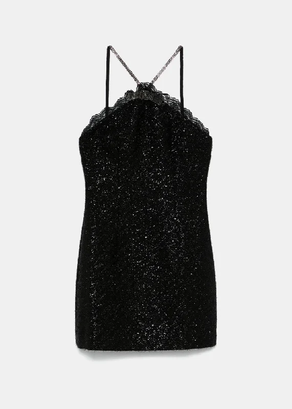 Black Tinsel Boucle Halter Mini Dress Fashionable Boho-Chic Mini Dress