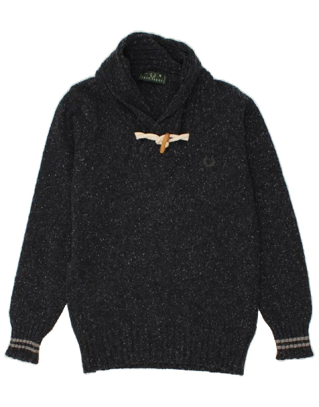 FRED PERRY Mens Shawl Neck Jumper Sweater Medium Navy Blue Flecked Wool Herringbone Houndstooth Plaid