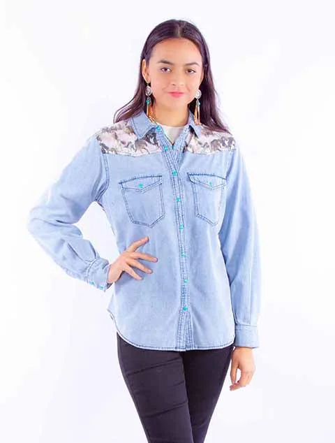 Women's Honey Creek Collection Blouse: Denim and Horses Feminine Satin Blouse