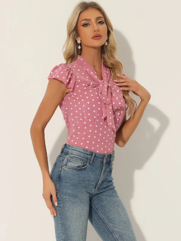 Summer Polka Dots Top Bow Tie V Neck Ruffled Cap Sleeve Office Blouse Double-Layered Blouse Summer Polka Dots Top Bow Tie V Neck Ruffled Cap Sleeve Office Blouse Double-Layered Blouse