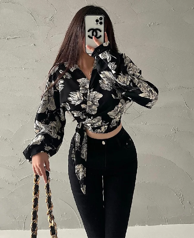 Selene Floral Print Long Sleeve Blouse Stretchy Fitted Blouse
