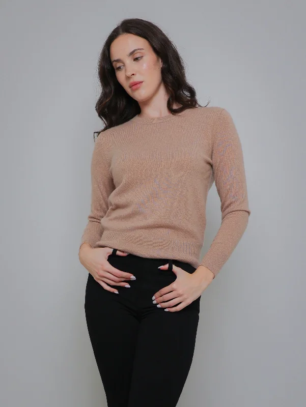 Essential Cashmere Crewneck Sweater - True Camel Real Fur Shearling Chenille