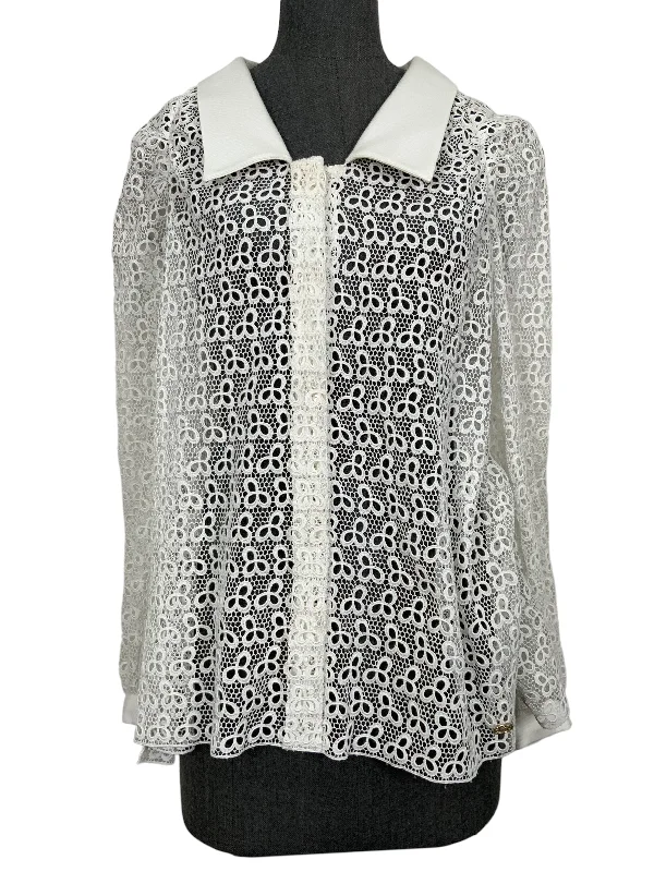 CHANEL 18C Cotton Eyelet Blouse Size S NEW Off-Shoulder Wrap Blouse