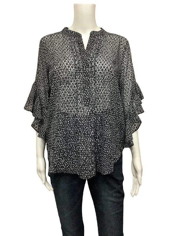 Vince Camuto Women's Blouse Black & White Sheer Ruffled Sleeve Size: M Playful Puff Blouse