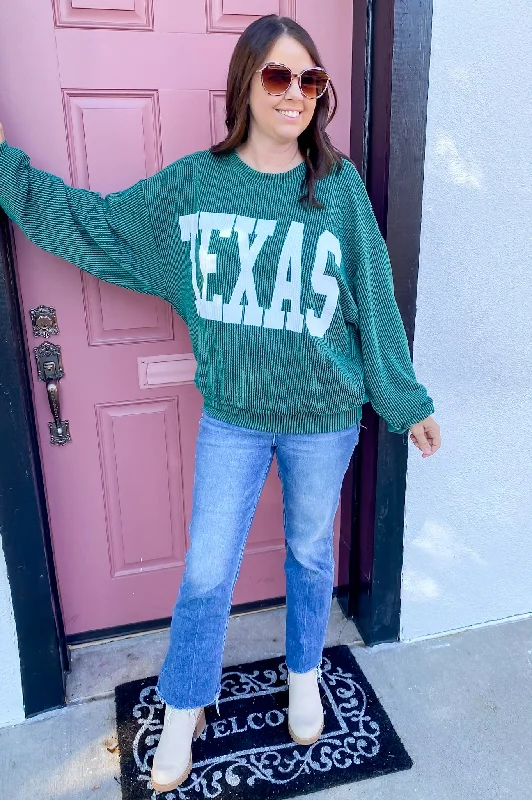 Texas Corduroy Graphic Hunter Green Sweater Solid Color Striped Floral Print