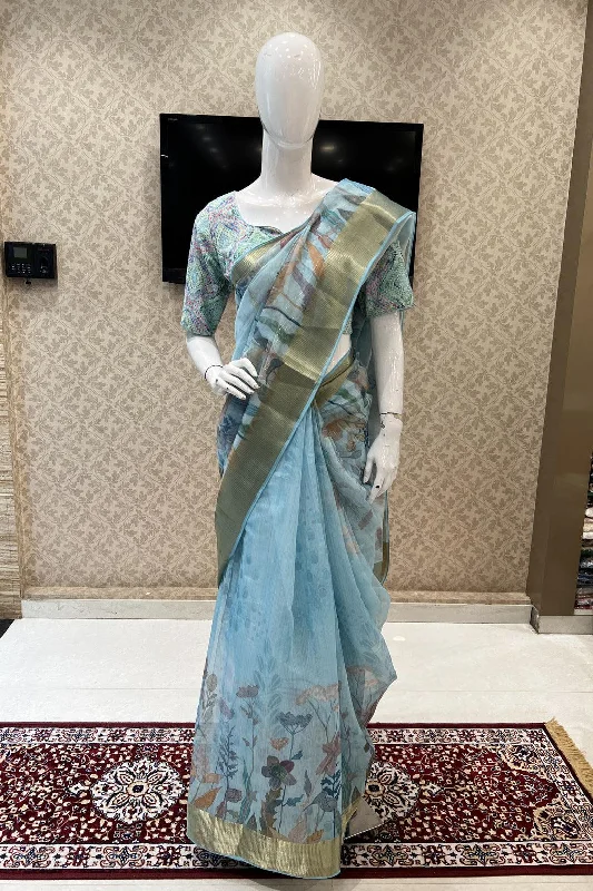 Sky Blue Double Layered Saree with Matching Unstitched Designer Blouse Embellished Collar Blouse Sky Blue Double Layered Saree with Matching Unstitched Designer Blouse Embellished Collar Blouse