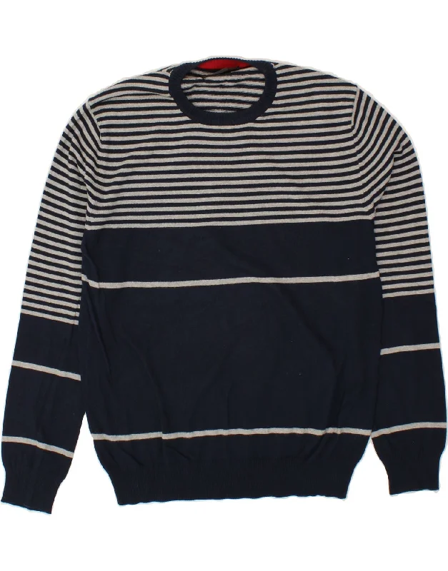 MARLBORO CLASSICS Mens Crew Neck Jumper Sweater Large Navy Blue Striped Chenille Fabric Brocade Fabric Lace Fabric