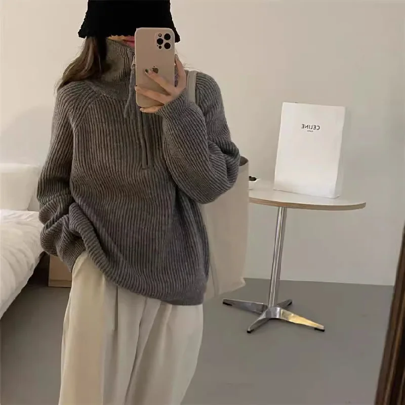 Wjczt mens fashion Korean Style Half Zipper Sweater Women's Autumn and Winter New Style Pit Design Sense Stand Collar Soft Glutinous Loose Outer Wear Sweater Top Solid Print Embellished