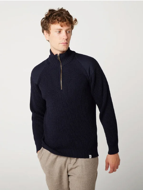 Foxton Zip Neck Sweater - Navy Solid Color Striped Floral Print