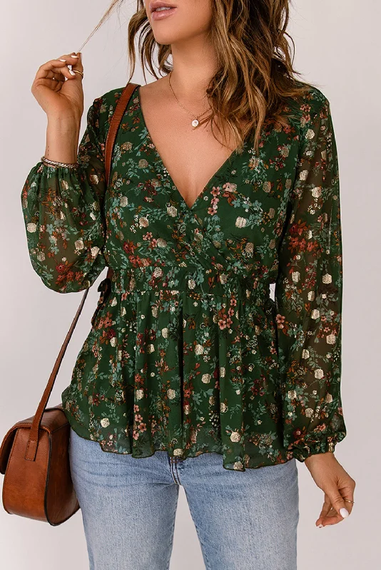 Floral Peplum Blouse, Ladies Apparel Oversized Silk Blouse