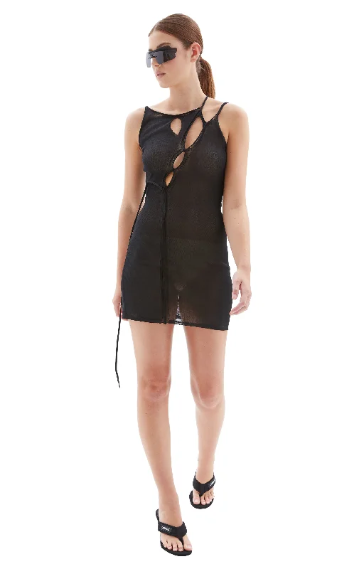 Knit Strappy Mini Dress (Black) Elegant Mini Dress with Pleats