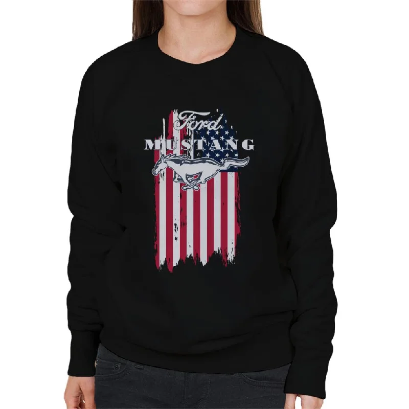Ford Mustang Faded American Flag Women's Sweatshirt Hoodie with Button Classic Timeless Ford Mustang Faded American Flag Women's Sweatshirt Hoodie with Button Classic Timeless