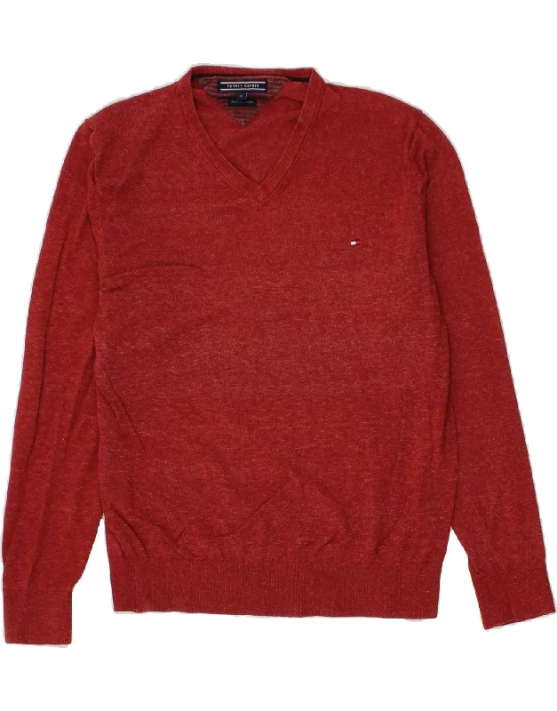 TOMMY HILFIGER Mens V-Neck Jumper Sweater Medium Red Flecked Cotton Jersey Fabric Tulle Fabric Batik Fabric