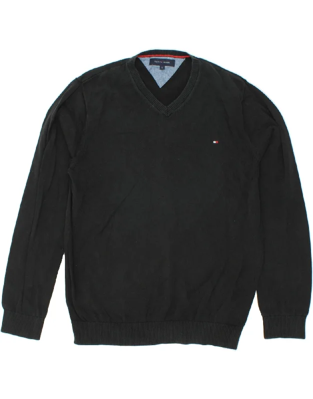 TOMMY HILFIGER Mens V-Neck Jumper Sweater Large Black Cotton Boat Neck Shawl Collar Notched Collar