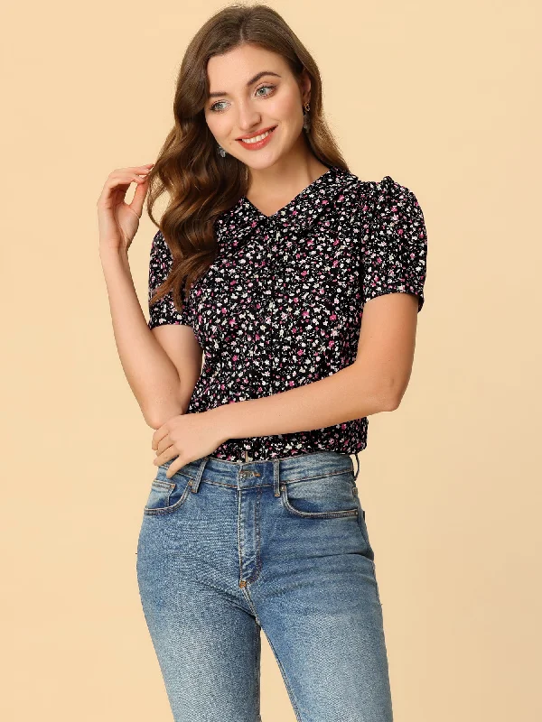 Puff Sleeve Shirt Point Collar Top Button Down Floral Blouse Bell Sleeve Blouse
