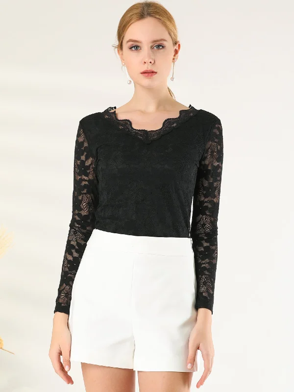 Floral Embroidery Sheer Long Sleeve Lace Blouse Top Everyday Stylish Blouse