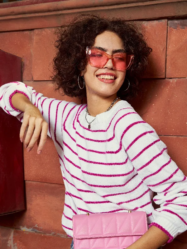 Women Pink & White Striped Full Sleeves Sweater Satin Blend Silk Blend Wool Blend