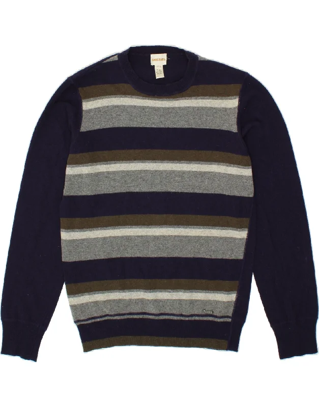 DIESEL Mens Crew Neck Jumper Sweater Large Navy Blue Striped Wool Iron Safe Non-Iron Wrinkle Free