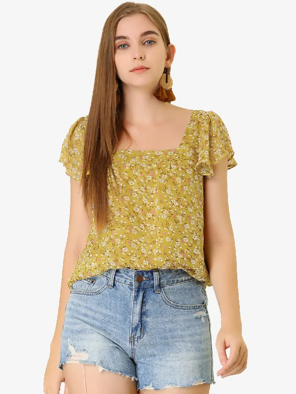 Chiffon Ruffle Sleeve Top Layered Vintage Ditsy Floral Blouse Side Tie Blouse