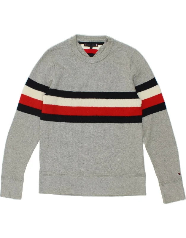 TOMMY HILFIGER Mens Crew Neck Jumper Sweater Medium Grey Striped Cotton Lace Blend Ribbed Blend Corduroy Blend