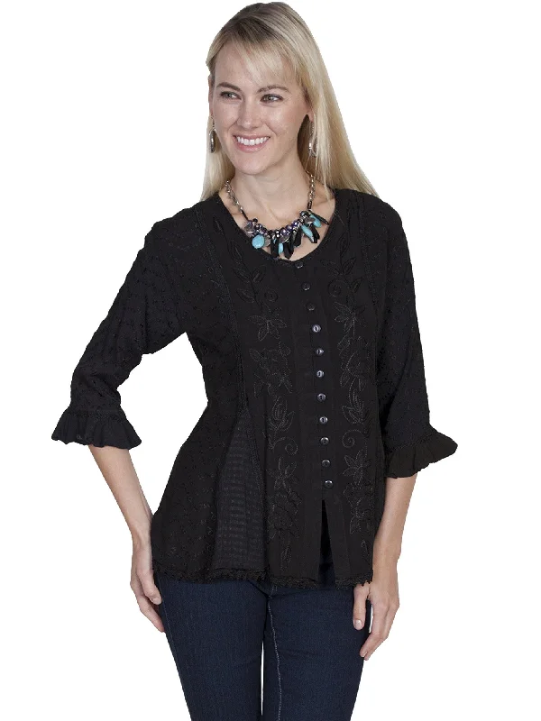 Women's Honey Creek Collection Blouse: Embroidered 3/4 Sleeves Silky Tunic Blouse
