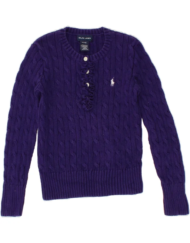 RALPH LAUREN Girls Crew Neck Jumper Sweater 8-9 Years Medium Purple Cotton Chenille Blend Fleece Blend Nylon Blend