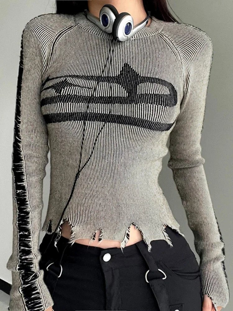Womens Acubi Long Sleeve Ripped Vintage Sweater Satin Fabric Silk Fabric Chiffon Fabric Womens Acubi Long Sleeve Ripped Vintage Sweater Satin Fabric Silk Fabric Chiffon Fabric