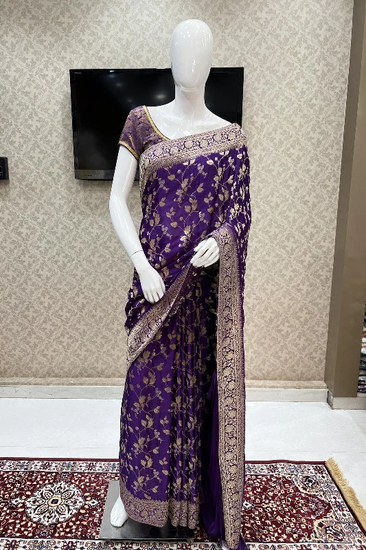 Purple Banaras work Saree with Matching Unstitched Blouse Casual Button Blouse