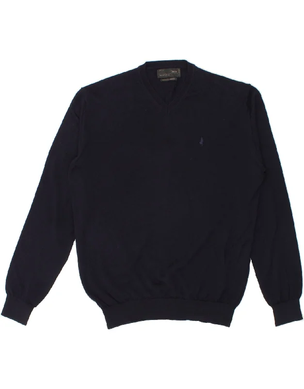 MARLBORO CLASSICS Mens V-Neck Jumper Sweater XL Navy Blue Merino Wool Mesh Sweater Canvas Denim