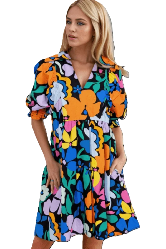 Printed Johnny Collar Half Sleeve Mini Dress Casual V-Neck Mini Dress