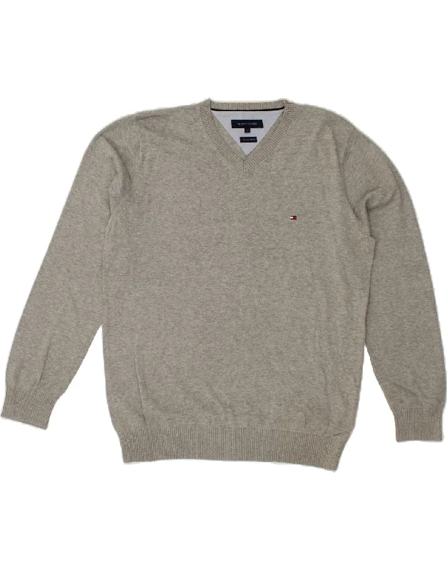 TOMMY HILFIGER Mens V-Neck Jumper Sweater Large Grey Cotton Collared Crew Neck Turtle Neck