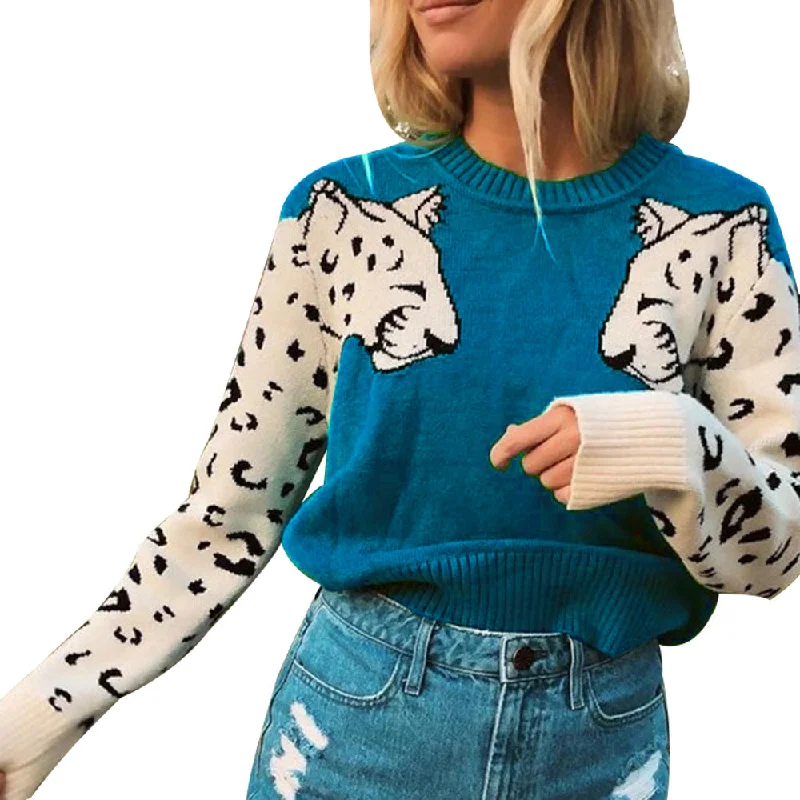 WN501292 Fashion leopard knitting top O Neck Casual women fall Long sleeve winter knit sweater Welt Pockets Slit Pockets Flap Pockets WN501292 Fashion leopard knitting top O Neck Casual women fall Long sleeve winter knit sweater Welt Pockets Slit Pockets Flap Pockets