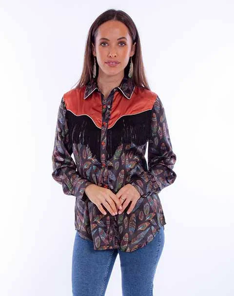 Women's Honey Creek Collection Blouse: Feather Print with Fringe Chic Sleeveless Blouse Women's Honey Creek Collection Blouse: Feather Print with Fringe Chic Sleeveless Blouse