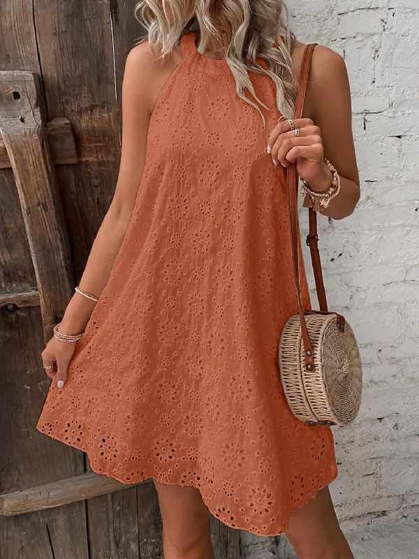 Eyelet Grecian Neck Mini Dress Chic Puff Sleeve Mini Dress