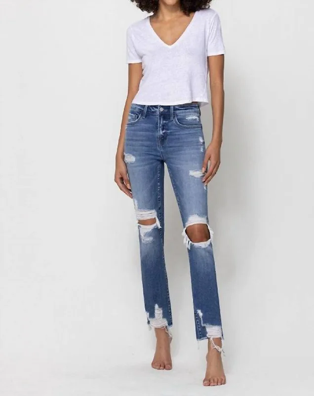 Pamela Mid Rise Slim Crop Straight Jeans In Blue Stylish Paperbag Waist Denim