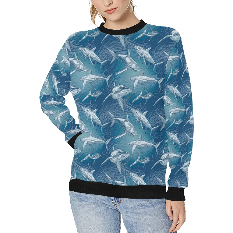 Shark hand drawn Women's Crew Neck Sweatshirt Hoodie with Ribbed Hem Stretchable Secure