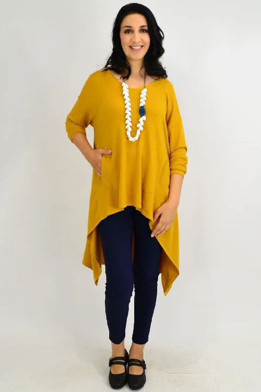 Mustard Heidi Hi Low Tunic Jumper Toggled Drawstring Belted