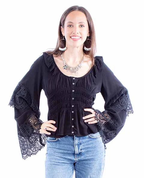 Women's Honey Creek Collection Blouse: Ruffle Neck Smock Front Soft Knit Blouse