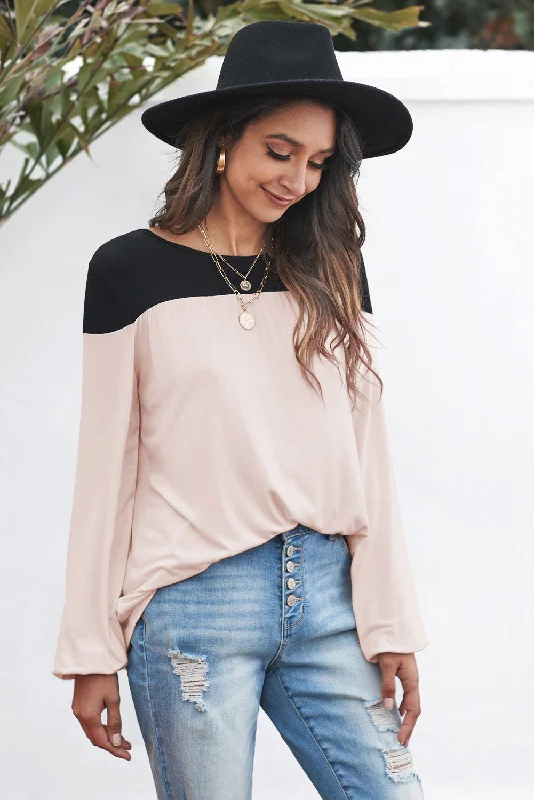 Contrast Shoulder, Balloon Sleeve Blouse Wrap Front Blouse