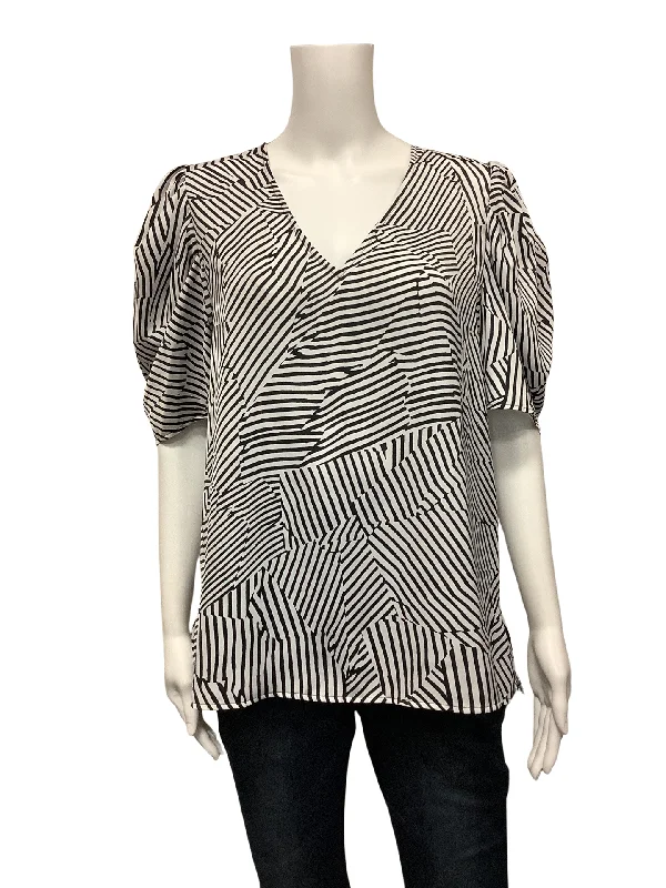 DKNY Women's Blouse Black & White V Neck Short Sleeve Size: M Loose Fit Blouse