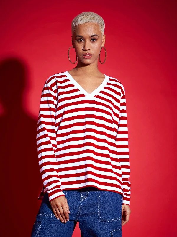 Women Red & White Striped Sweater Mesh Sweater Canvas Denim