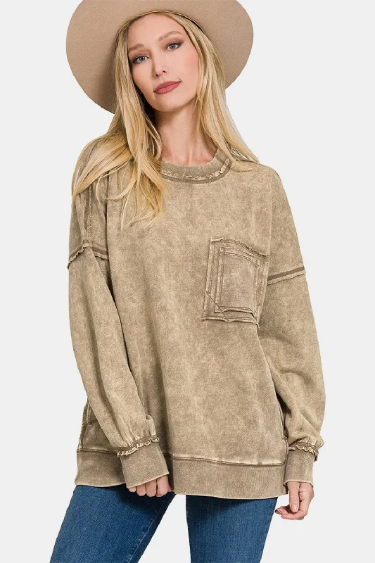 Zenana Exposed Seam Round Neck Dropped Shoulder Sweatshirt In Mocha Hoodie with Pattern Geometric Abstract